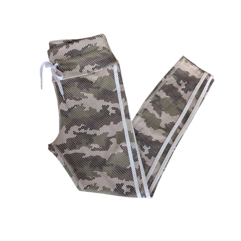 Avia High Rise Double Stripe Leggings SMALL (4-6) Camo Green Beige Pocket